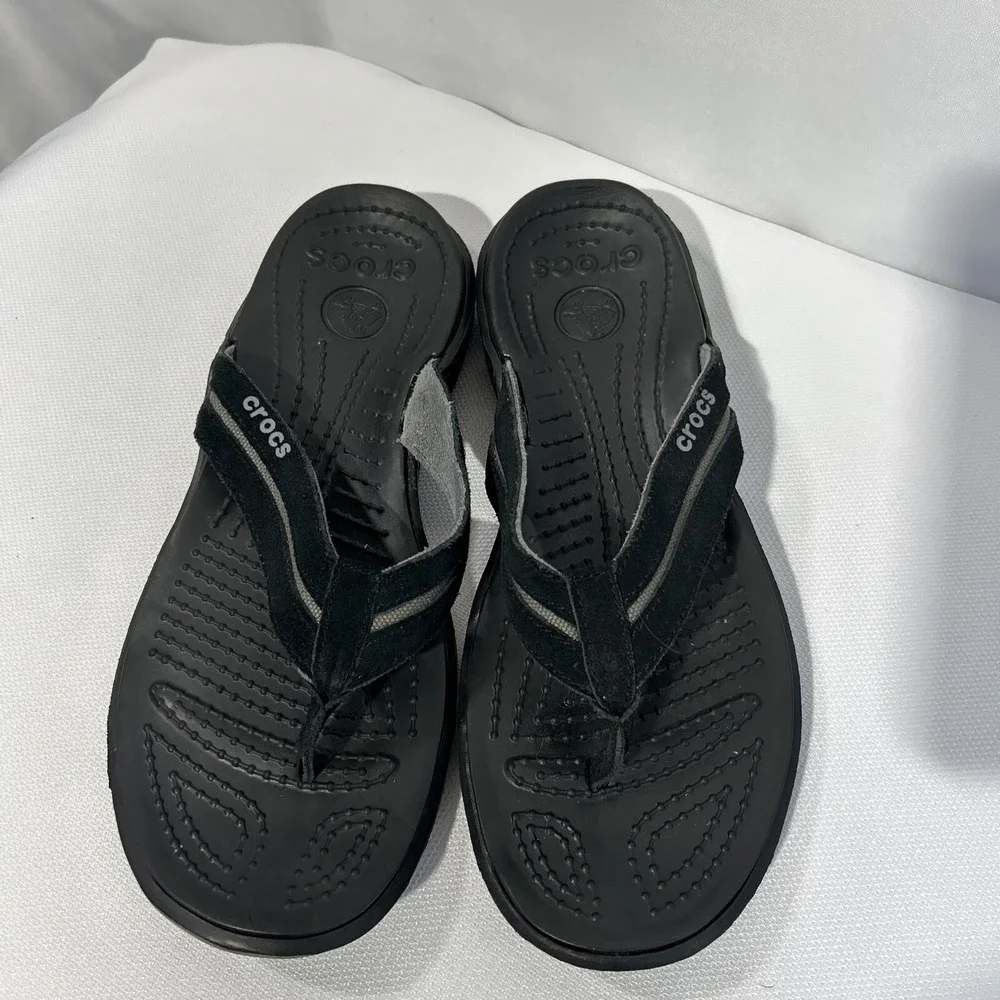 Crocs Flip Flops Capri Leather Rubber Thong Sandals Men's Size 9 Black